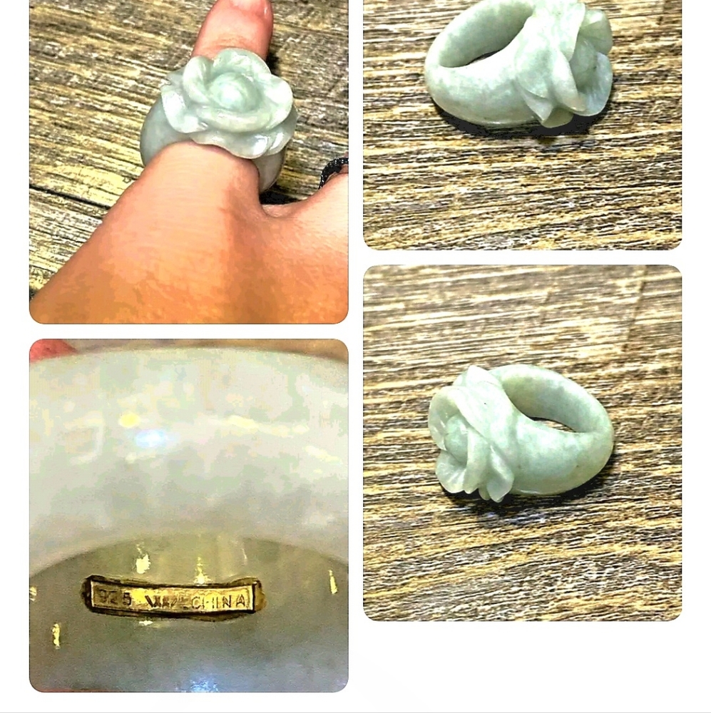 Sterling Silver Rose Flower Green Jade Ring Size 5💍 - Picture 1 of 9